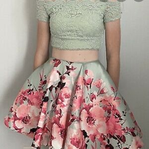 Jodi Kristopher 2 piece off the shoulder Floral Prom dress 15